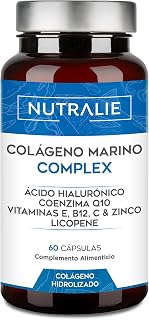 Colágeno Marino Hidrolizado Ácido Hialurónico Q10 Vit C E - Piel | 100% Péptidos de Colágeno Tipo I - 60 Cápsulas Nutralie