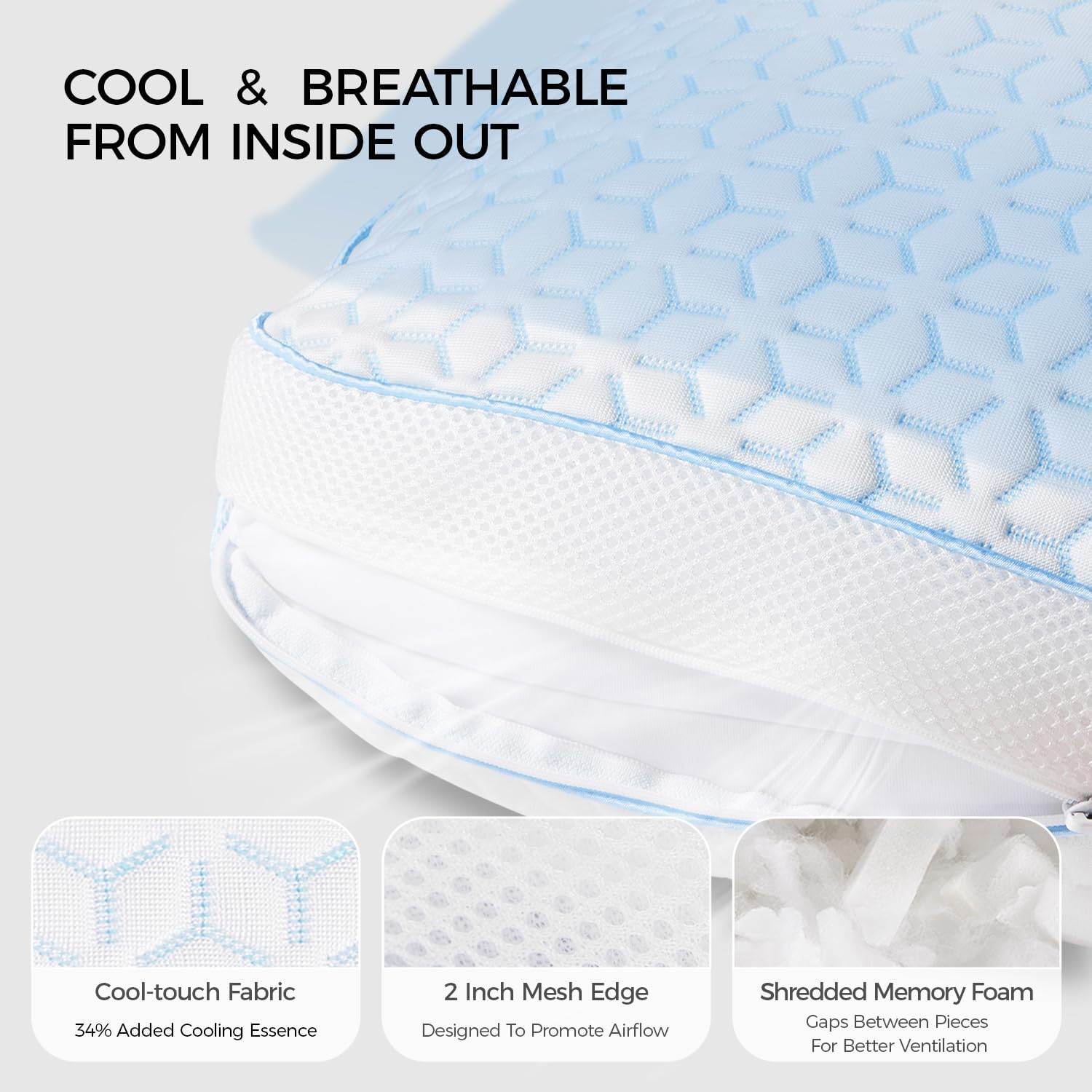 Sweetnight Cooling Pillows Queen Size Set of 2, CertiPUR-US Shredded Memory Foam Pillows for Hot Sleepers, Queen Size Pillows Firm and Soft Adjustable, with Washable and Removable Cover, 19"X29"