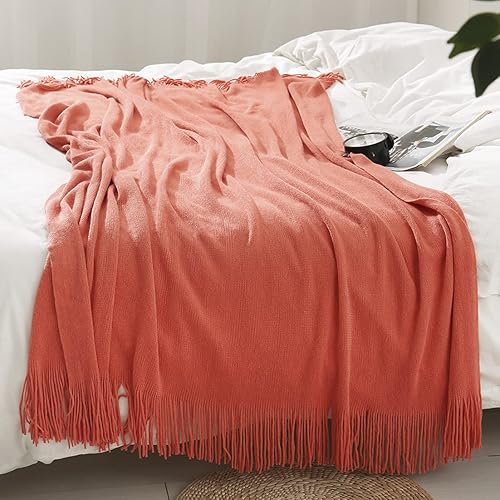 Miniatura 3 de Homiest Manta Decorativa de Punto con Flecos Suave y Acogedora Manta con Borlas para Sofá Cama (Naranja, 50x60)