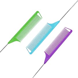 Rat Tail Teasing Combs Set: 3 Long Steel Pin Combs for Parting Hair - Salon Styling Combs for Women (Purple, Green, Blue)