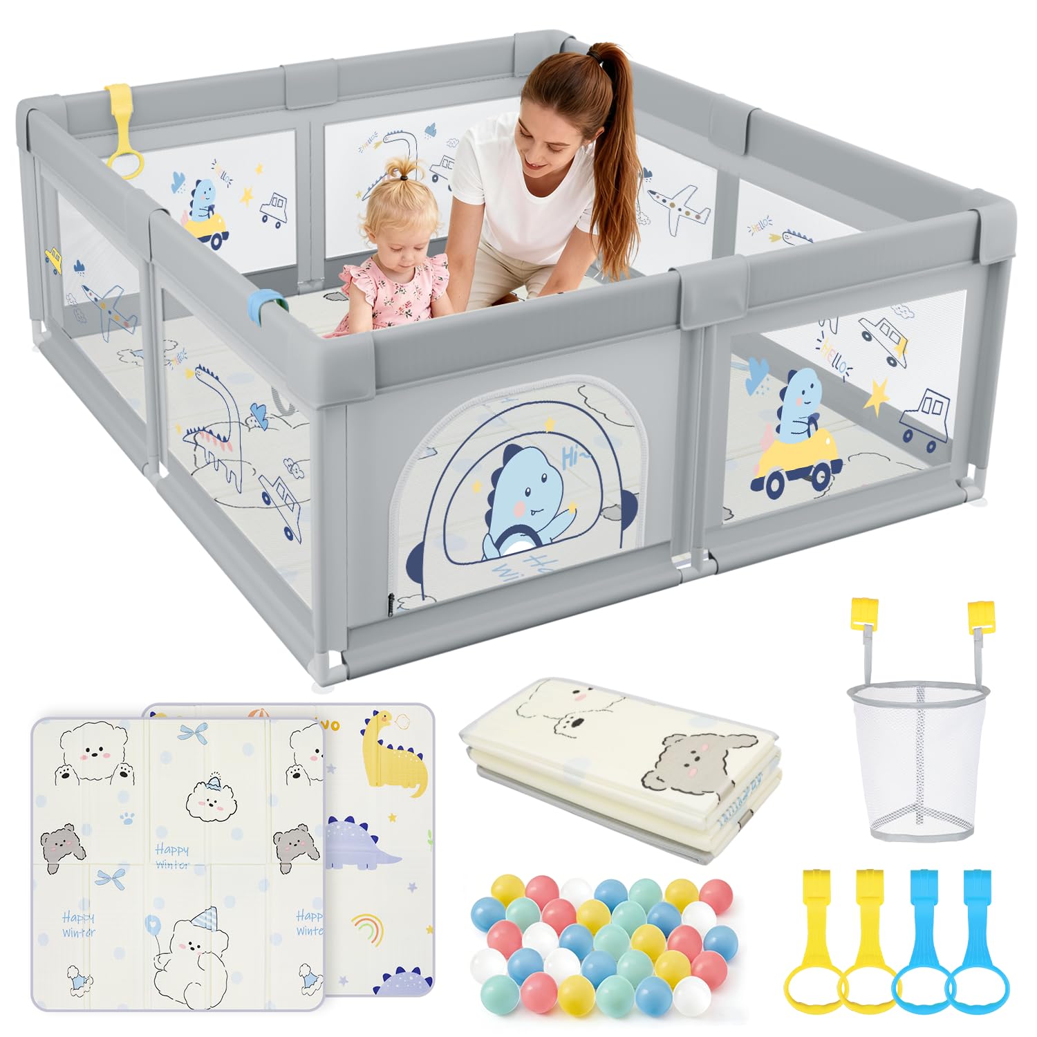SPYLAVE Laufstall Baby 150x150 mit Matratze, Großes Laufgitter Baby mit Saugnapfbasis, Atmungsaktivem Netz und 210D Oxford Gewebe, Stabiler & Sicherer Babyspielplatz, Schutzgitter für Kinder, Dino