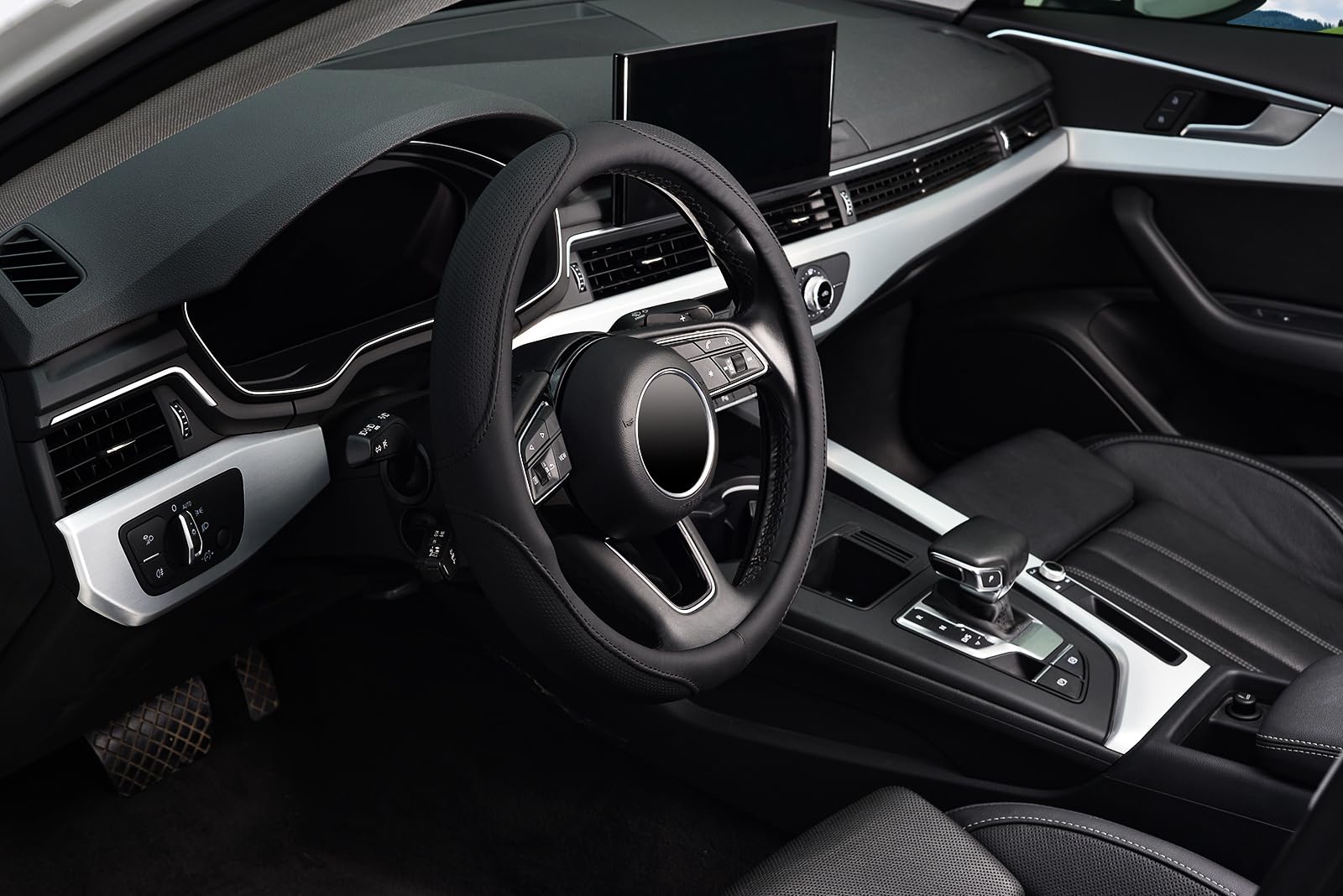 KAFEEK Black Steering Wheel Cover Men Women Universal 15 inch, Black Microfiber Leather, Odorless, Breathable, Durable Leather Cover with Anti-Slip Lining