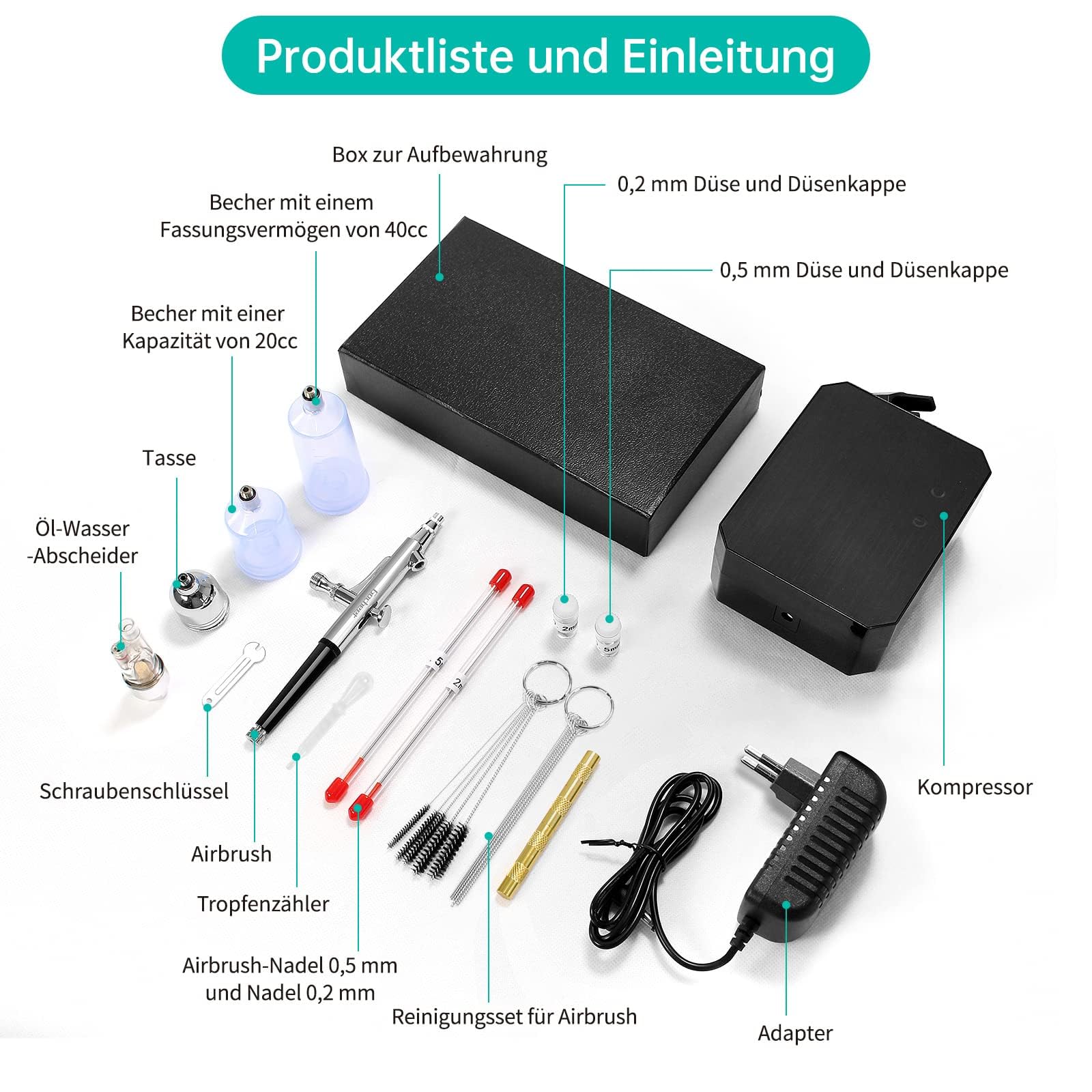 40 PSI Aérographe, Airbrush Kit avec Compresseur à double action,Aérographe Professionnel à 3 Modes pour le Modelage,la Confiserie,les Oongles,la Peinture,le Maquillage,L'alimentation,Noir