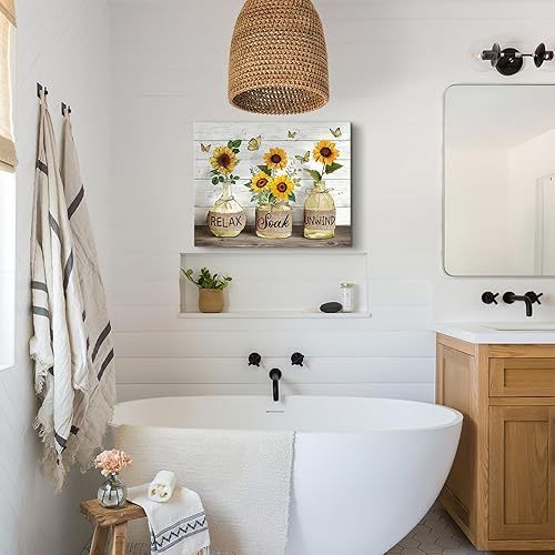 Miniatura 7 de Decoración de baño de granja, arte de pared, arte rústico para baño, girasol en tarro de masón, imagen temática Relax Soak Unwind, lienzo con fondo