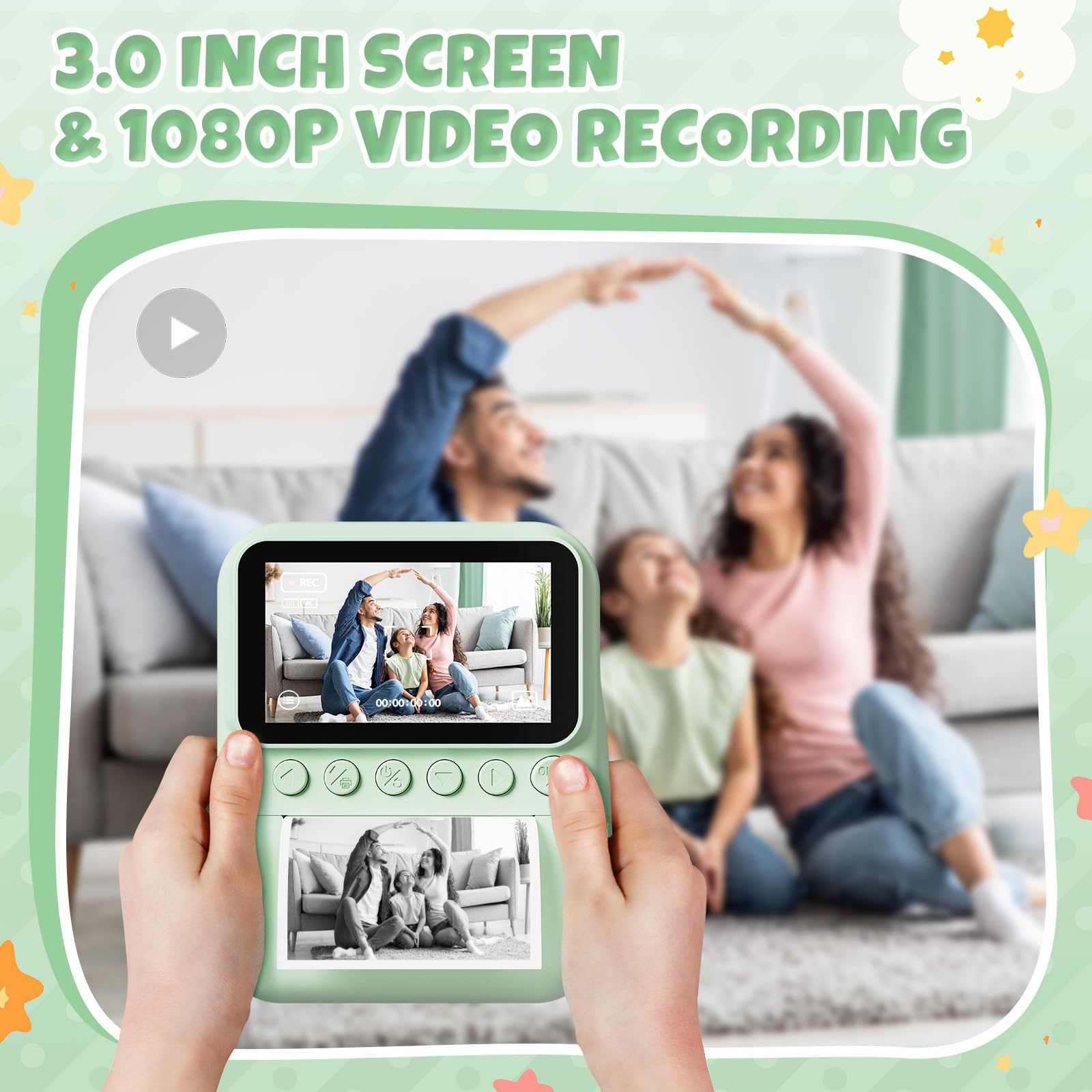 CalineGam Macchina Fotografica Bambini Istantanea, 3,0'' Schermo HD 48MP Fotocamera Digitale Bambini con Scheda da 32GB, Camera Giocattolo Regalo per Ragazzi e Ragazze dai 3 ai 12 Anni (Verde)
