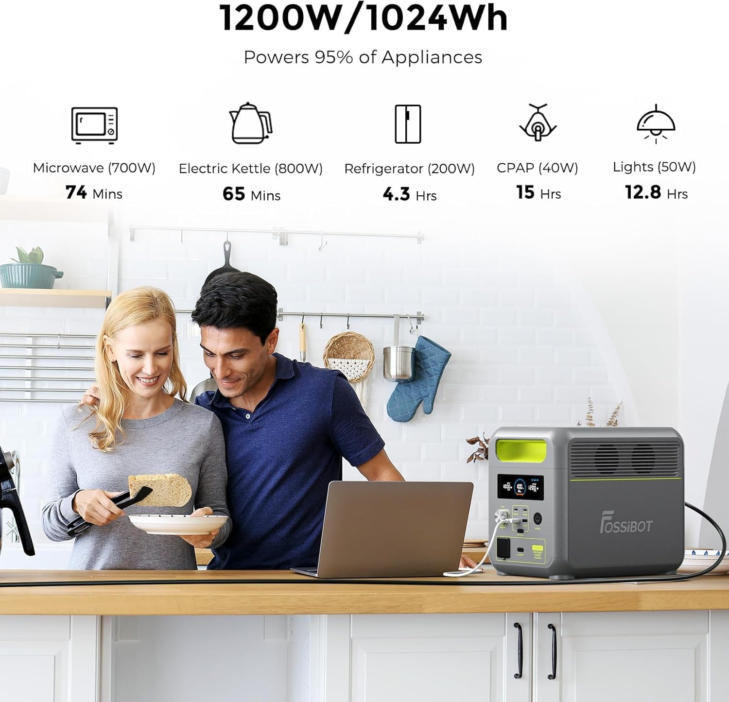 A couple in a kitchen using the FOSSiBOT F1200 Portable Power Station to power a laptop and other appliances, with an infographic showing typical run times for microwave (74 mins), electric kettle (65 mins), refrigerator (4.3 hrs), CPAP (15 hrs), and lights (12.8 hrs).