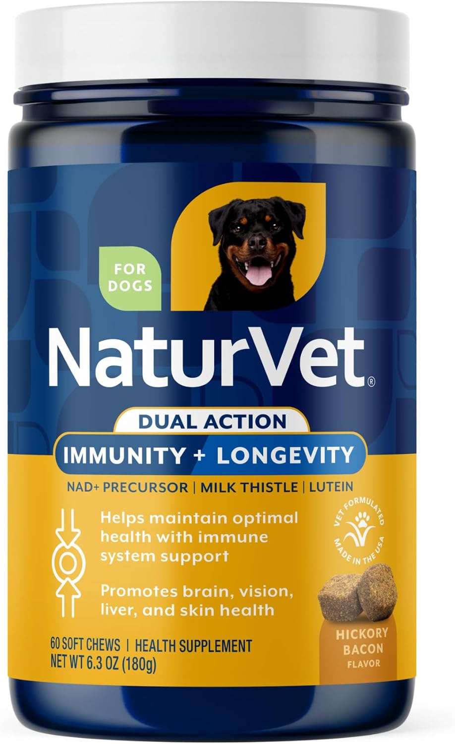 NaturVet Immunity + Longevity Dual Action Supplement for Dogs, Helps Support Immune Response & Cellular Health with NAD+ Precursor, Milk Thistle, Lutein, & Zinc, 60 Hickory Bacon Soft Chews