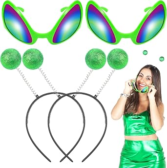 Dolkoic 4Pcs Halloween Alien Headband and Glasses,Alien Martian Antenna Headband Set Costume Party Favors Accessory for Adults Green