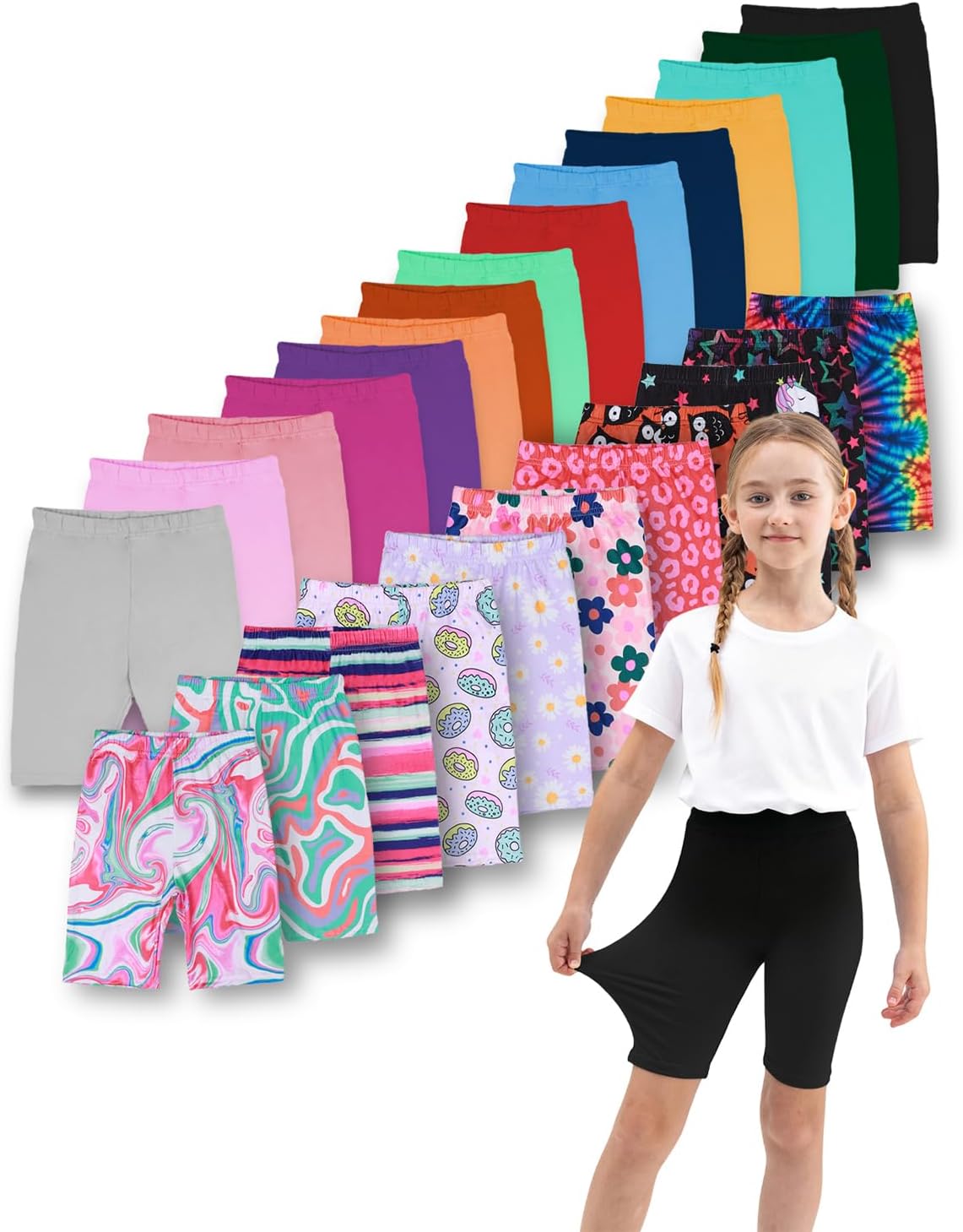 Elastic Waist Shorts for Girls,10 Pack Kids Bike Shorts Size 4-11Y, Assorted Colors, Toddler Dance Short