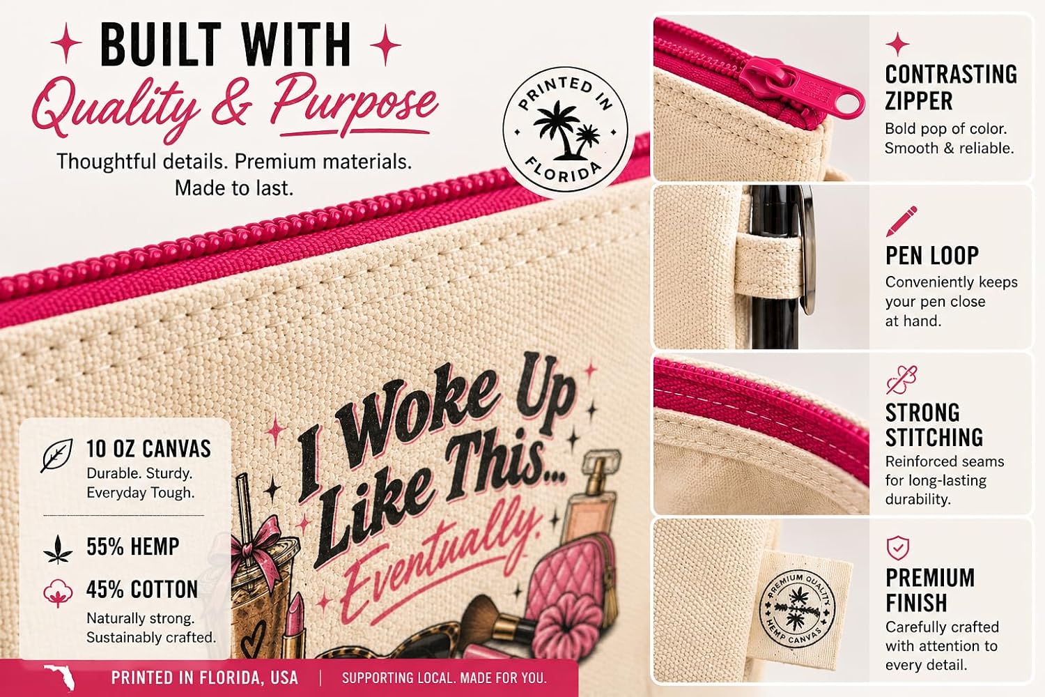 Ink Trendz Woke Up Like This Makeup Bag | Cosmetic Bag | Hemp & Cotton Canvas | Zipper Makeup Bag image 3