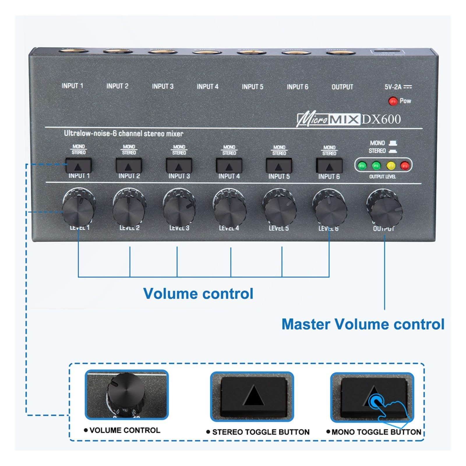 Mixer per DJ, Mixer di Linea a 4/6/8 canali DX400/600/800 Ultra-Low Noise aggiornato Mini Mixer Alimentazione DC5V Mixer di Facile utilizzo(DX800)