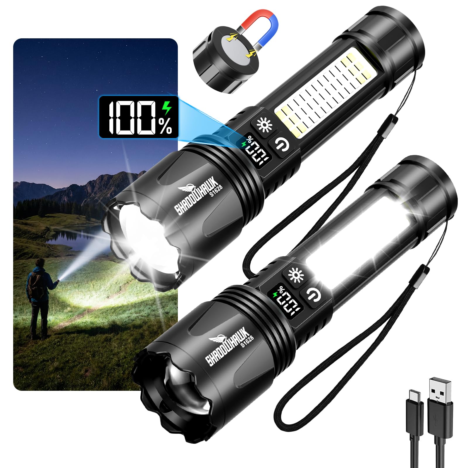 Shadowhawk 2 Stück Extrem Hell Taschenlampe Led Aufladbar- 7 Modi & Zwei Schalter Taktische Taschenlampen mit COB Arbeitsleucht, USB C+A Flashlight für Camping/Outdoor/Notfälle, N45 Magnet&LCD Display