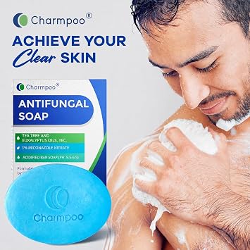 CHARMPOO Antifungal Soap with Tea Tree, 2 Bars | Athletes Foot Ringworm Jock Itch & Tinea, Gentle Acidified pH-Balanced, Itch Relief & Moisturizing, Face & Body Wash