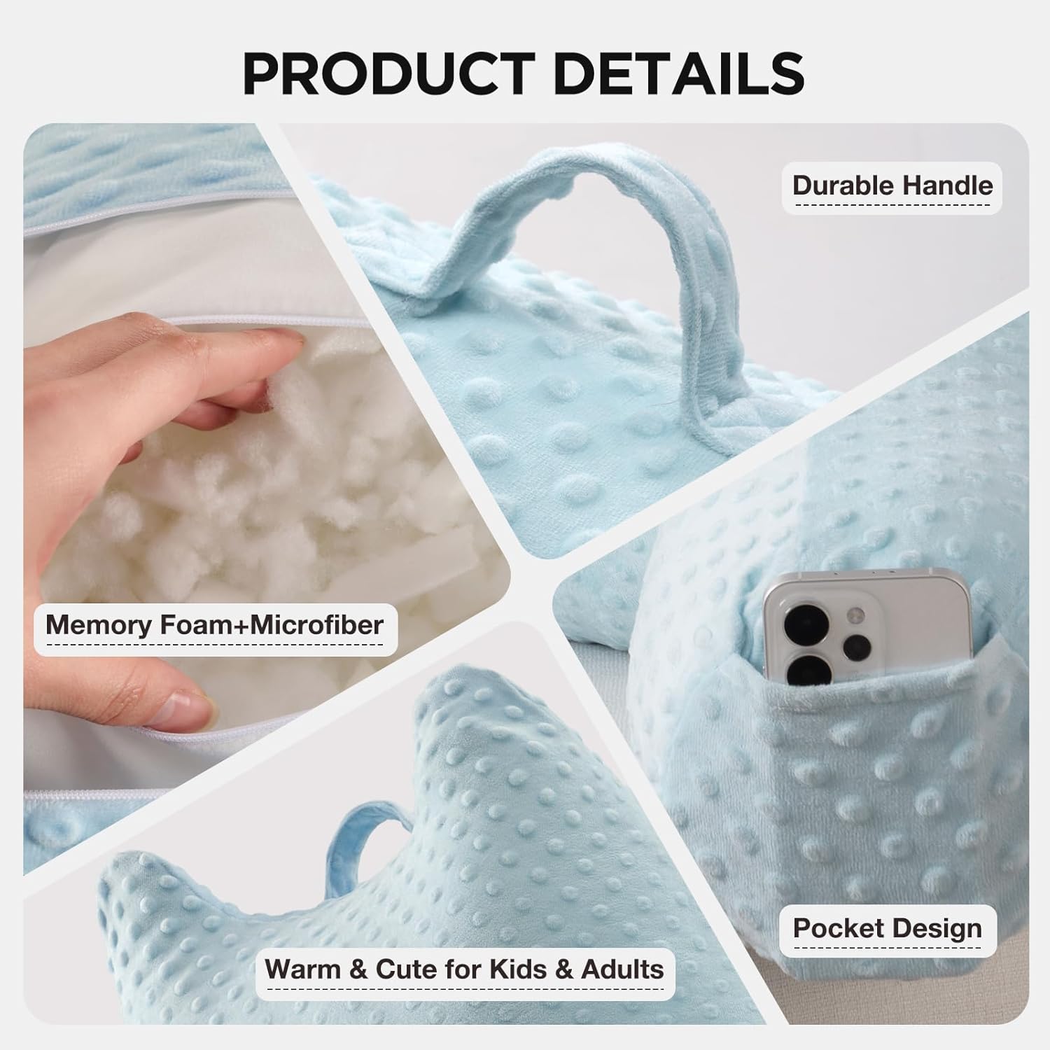 Reading Pillow for Kids Sitting in Bed Couch Adult, Back Pillow for Bed Sitting Up, Back-Rest Support Cushion with Pockets and Arms, Watching TV, Relaxing, Reading, Light Blue