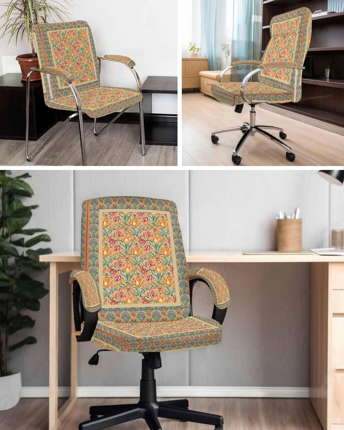 Beige Red Floral Boho Office Chair Covers with Armrest Covers, Rotating Chair Cover, Vintage Ethnic Tribe Abstract Art Armchair Slipcovers Decorative Backrest Seat Protectors, Large