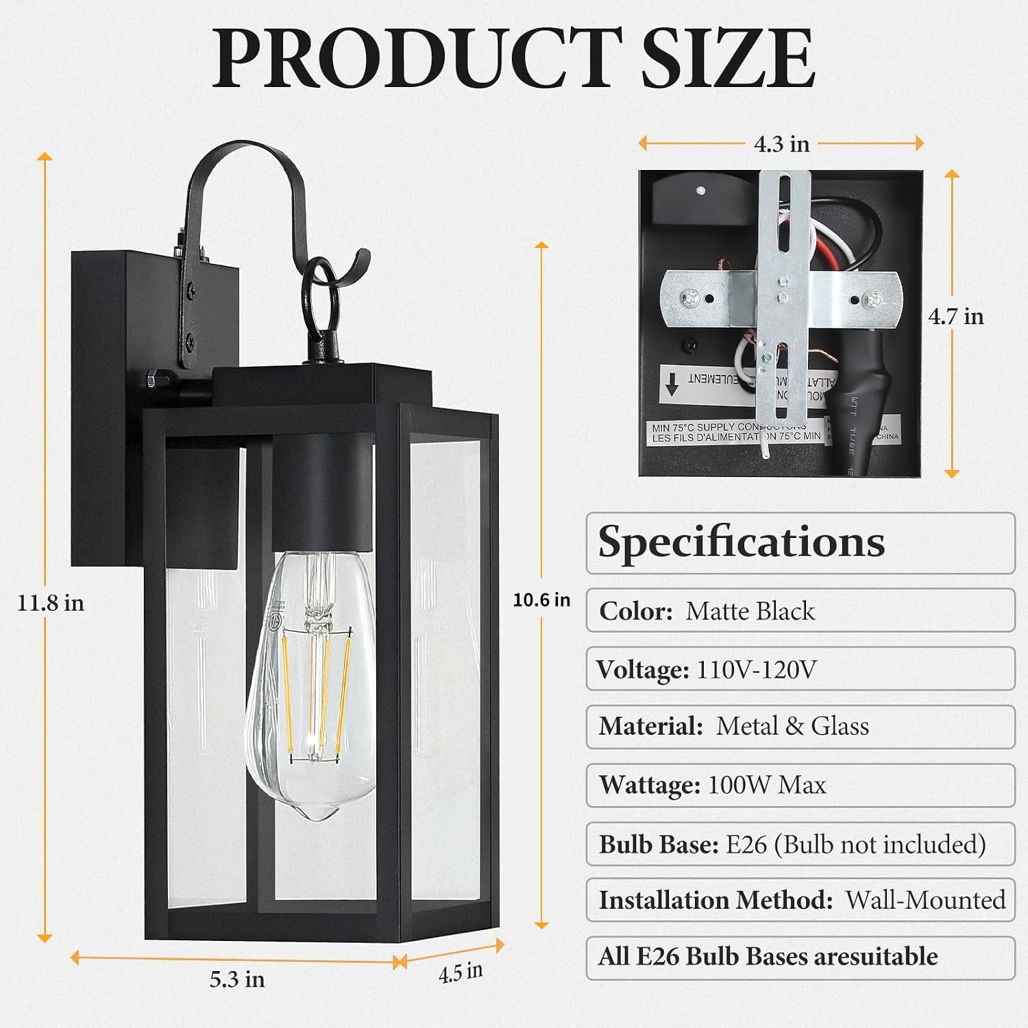11.8" Dusk to Dawn Outdoor Wall Light, Clear Glass All-Metal Frame image 5