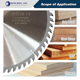 MGSB 10 60 Tooth Circular Saw Blade for Wood Carbide Cordless Miter/Table Saw Blade 5/8 Arbor