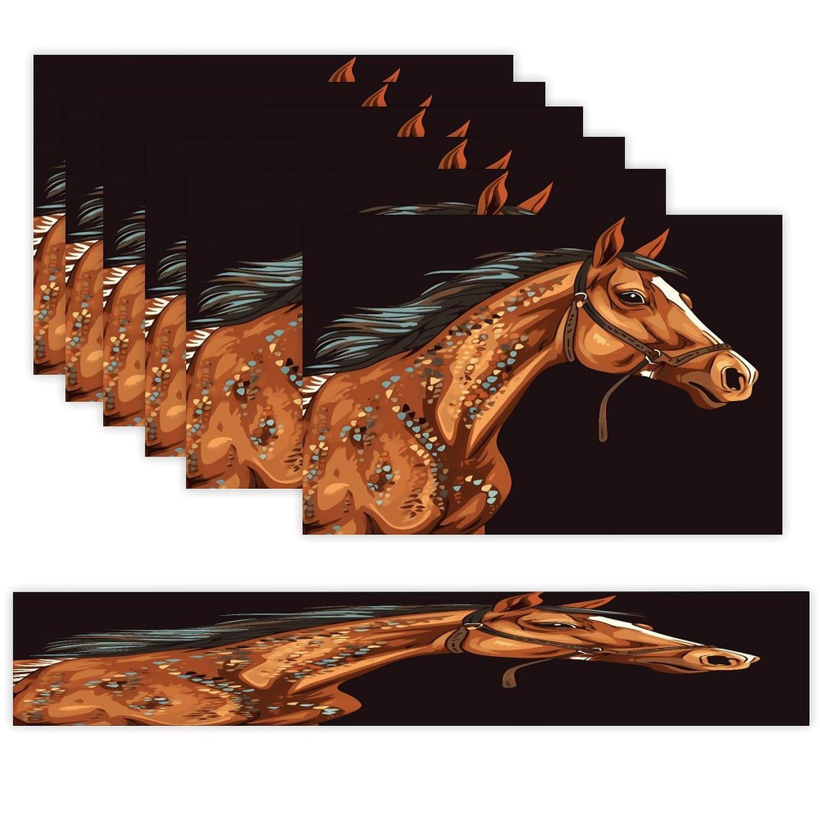 Brown Horse Table Runner and Placemats Set of 6 for Kitchen Washable Table Mats Heat Resistant Place Mats Non-Slip Place Mat Wipeable Placemat(6 Placemats+1 Table Runner)