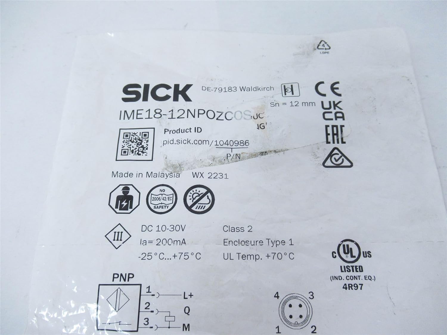 SICK IME18-12NPOZC0S 12 MM SENSING RANGE, BRASS NICKEL-PLATED MOUNTING NUT (2X), INDUCTIVE, M12 X 1 MALE 4-PIN CONNECTOR, NC, NON-FLUSH, Ø 18 MM, PNP SWITCHING OUTPUT, PROXIMITY, SENSOR, STANDARD HOUS