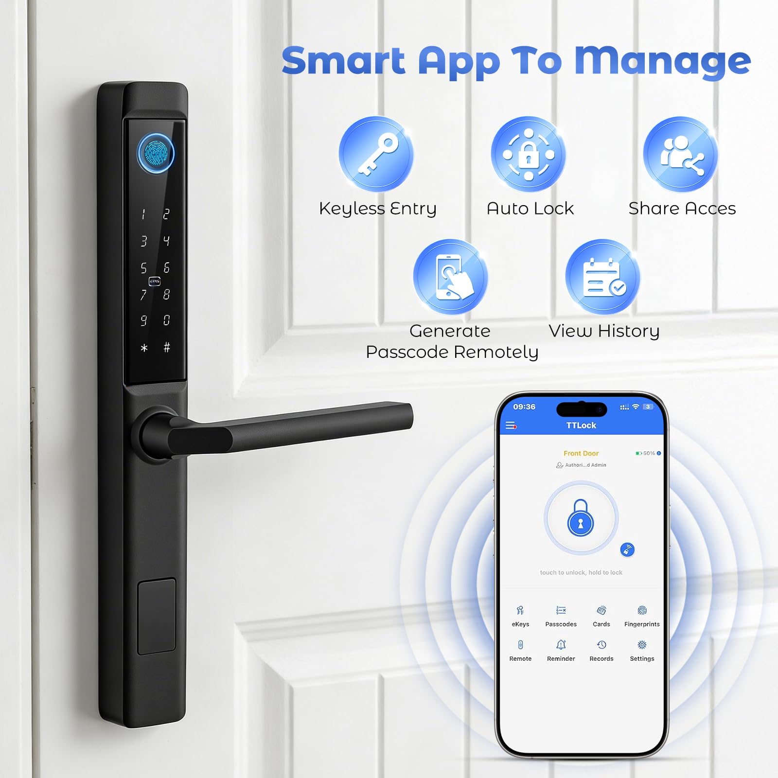Cerradura inteligente de huella dactilar, cerradura de puerta inteligente con asa y teclado táctil, cerradura de huella dactilar semiconductor, RFID/APP/Código/Control remoto, para