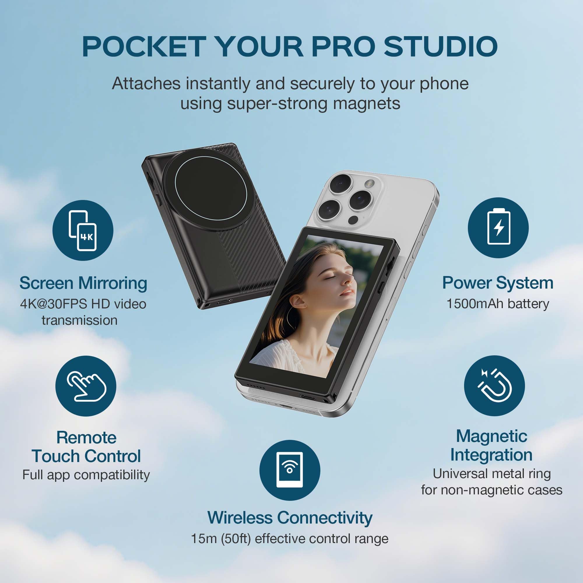 AMAZEAR Teléfono magnético Vlog Selfie Monitor pantalla con control táctil, HD Wireless Bluetooth Remote, cámara trasera para Live Stream TikTok YouTube, compatible con iPhone y Android