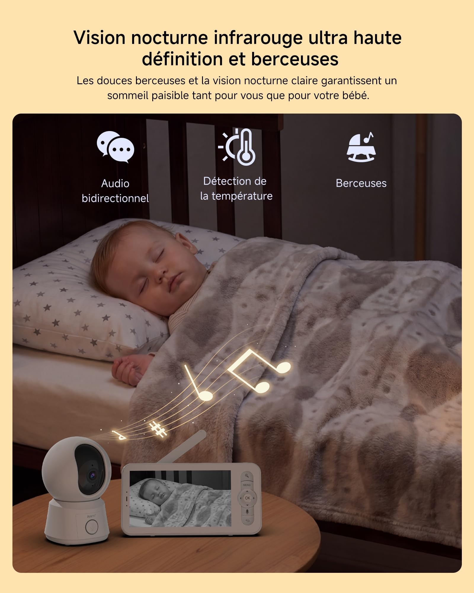 ARENTI Babyphone vidéo PTZ 1080P avec caméra avec écran 5", babyphone avec 2 caméras et Application, Appel en Une Touche, capteur de température, Berceuse, Audio 2 Voies, Mode VoX, Suivi Automatique