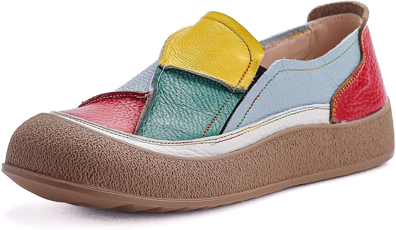 Women’s Stylish Colorblock Patchwork Leather Slip On Loafers Casual Comfortable Round-Toe Platform Soft-Soled Low-Top Sneakers for Walking Running Travelling