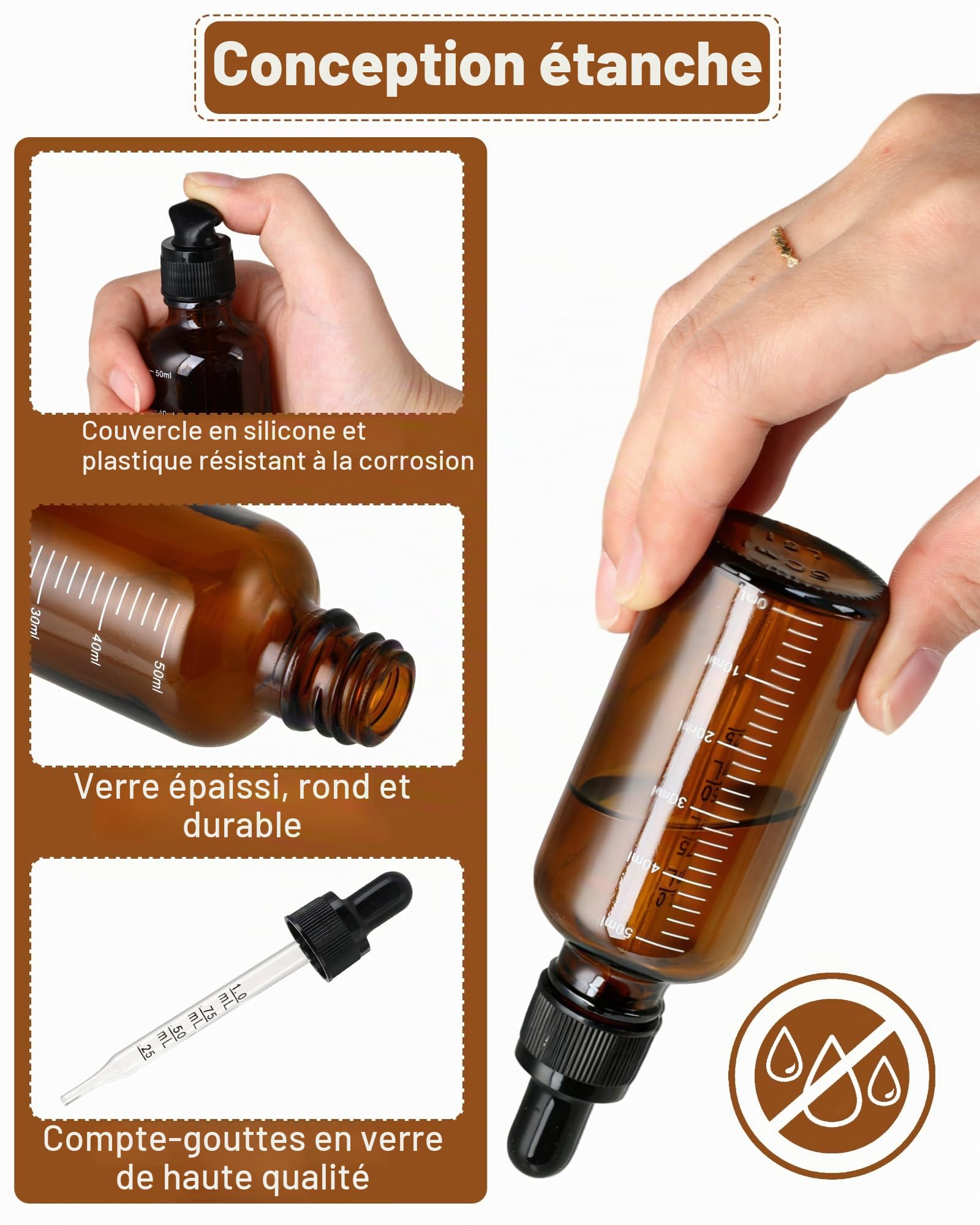 6 flacons pipette 50 ml – flacon compte gouttes en flacon verre ambré avec 2 entonnoirs, 2 pipettes et 1 feuille d’étiquettes, idéal pour huiles essentielles, aromathérapie et laboratoire
