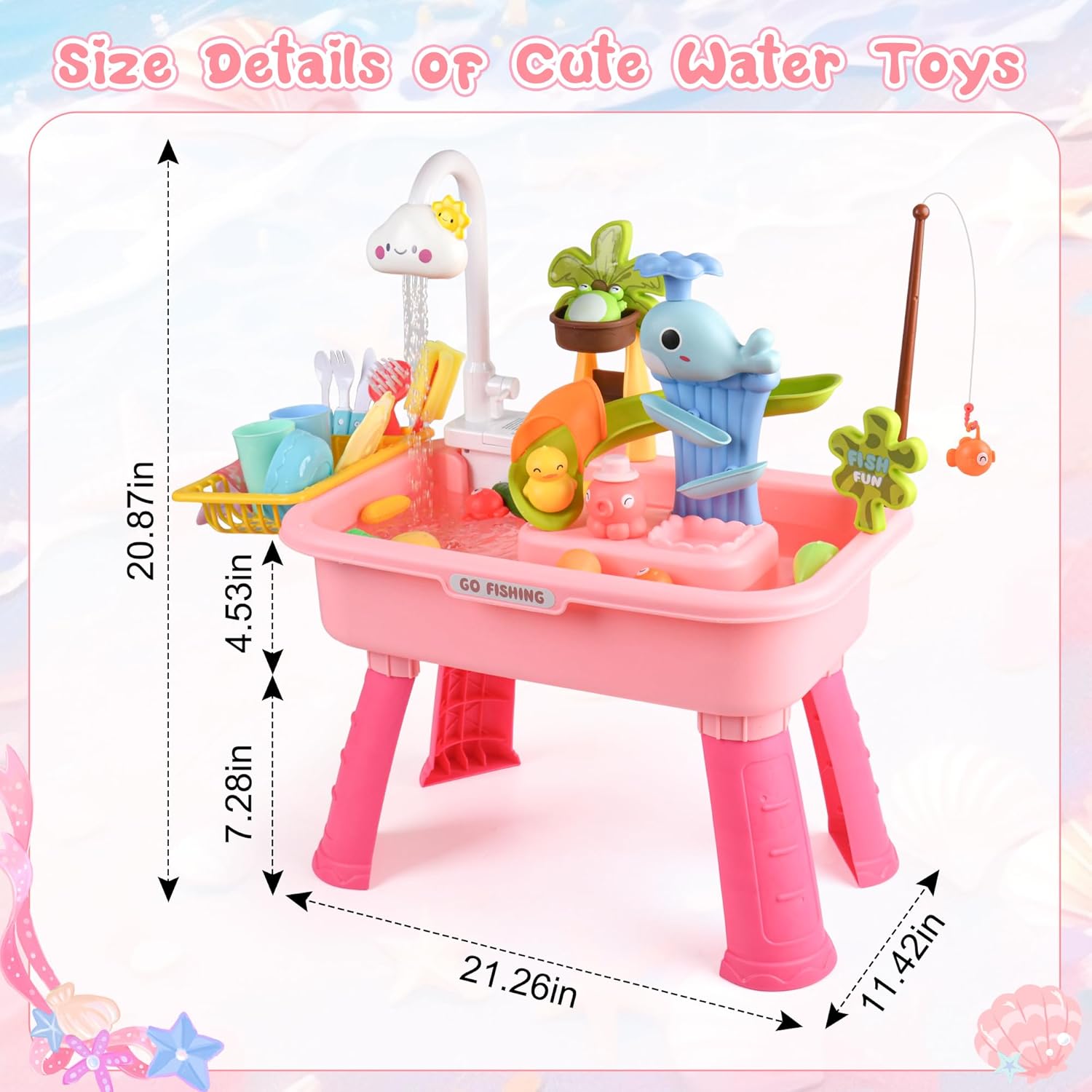 Upgraded Toddler Sand Water Table Toy with Electric Water Pump, Kids Sand Water with Faucet/Play Food Accessories/Fishing Toy, Kitchen Play Sink Toys for Girl Boy Age 3+ (Pink)