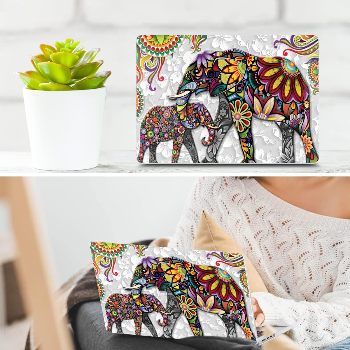TWOLSKOO Compatible with MacBook Pro 14 inch Case 2023 2022 2021 Release M2 A2779 M1 A2442 Pro/Max Chip with Touch ID, Plastic Hard Shell Case & Keyboard Cover & Screen Protector, Art Elephants