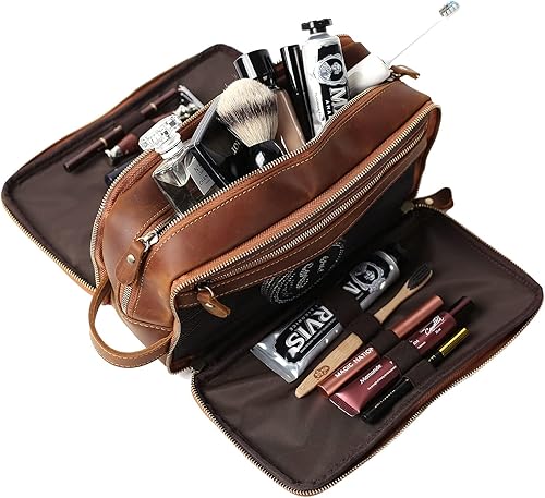 Miniatura 5 de Neceser de cuero personalizado para hombre, kit de afeitado de viaje, bolsa de cosméticos grande, organizador de baño, Marrón (cuero de grano