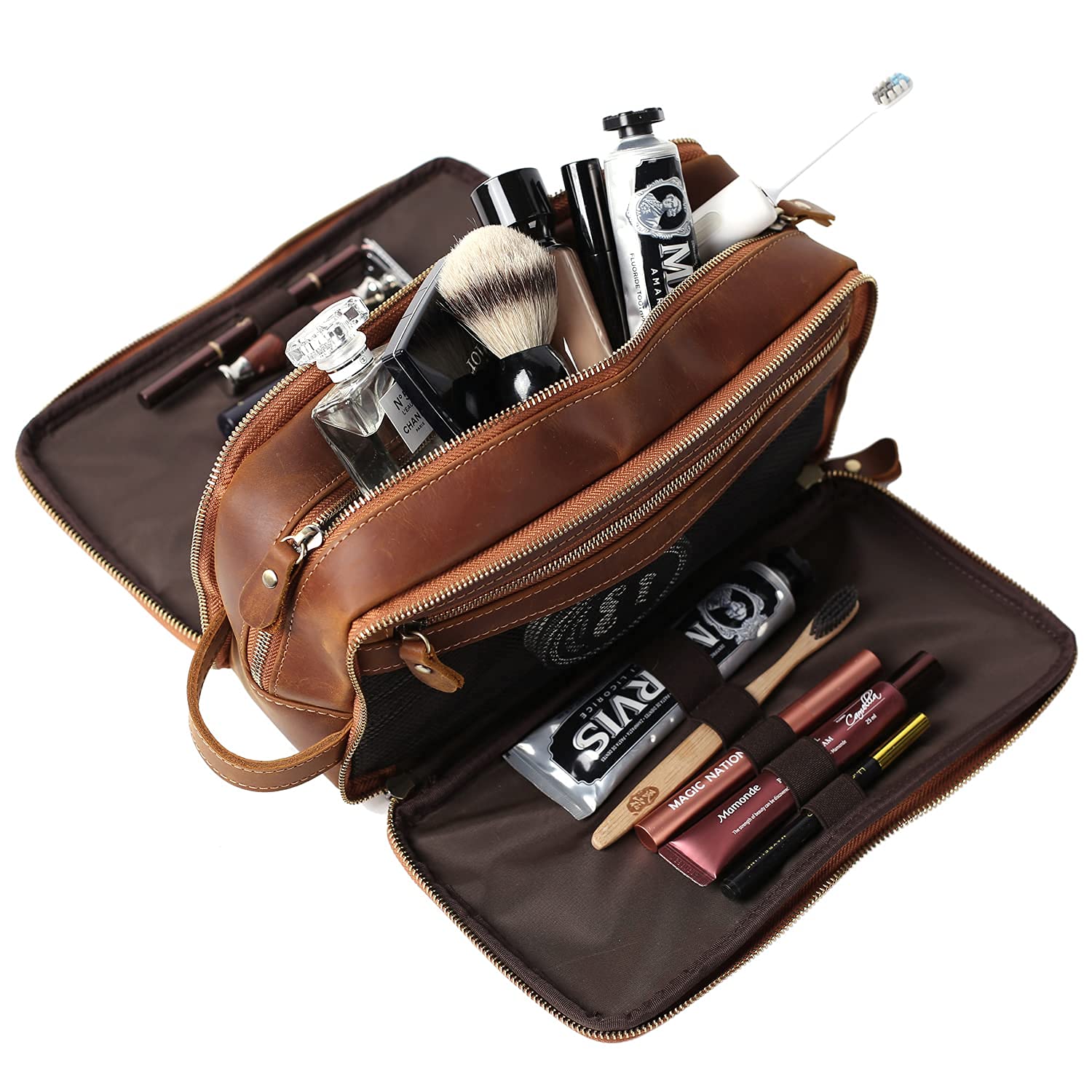 Personalisierte Leder-Kulturtasche für Herren, Reise-Rasier-Set, große Kosmetiktasche, Toilettenartikel, Badezimmer-Organizer