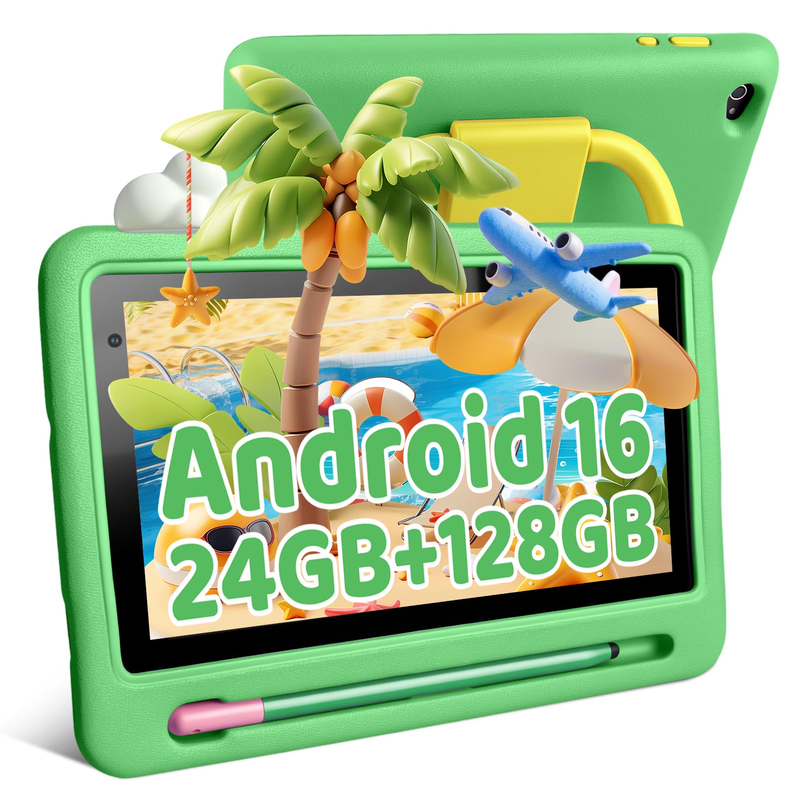 MUISOO Kids Tablet, Android 16 Tablet for Kids, 24GB+128GB+1TB Expandable, 7 inch Android Tablet with Parental Control, WiFi 6/BT 5.3, Widevine L1, kid Tablet with Protective Case (Green)