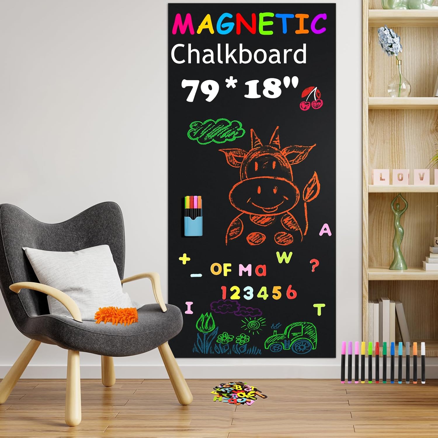 Magnetic Chalkboard Contact Paper for Wall, 79"x18" Self-Adhesive Blackboard Wallpaper Peel and Stick Wall with 93 Pcs Kit for Kids, Magnet Wall Sheet with Kit for Home Playroom