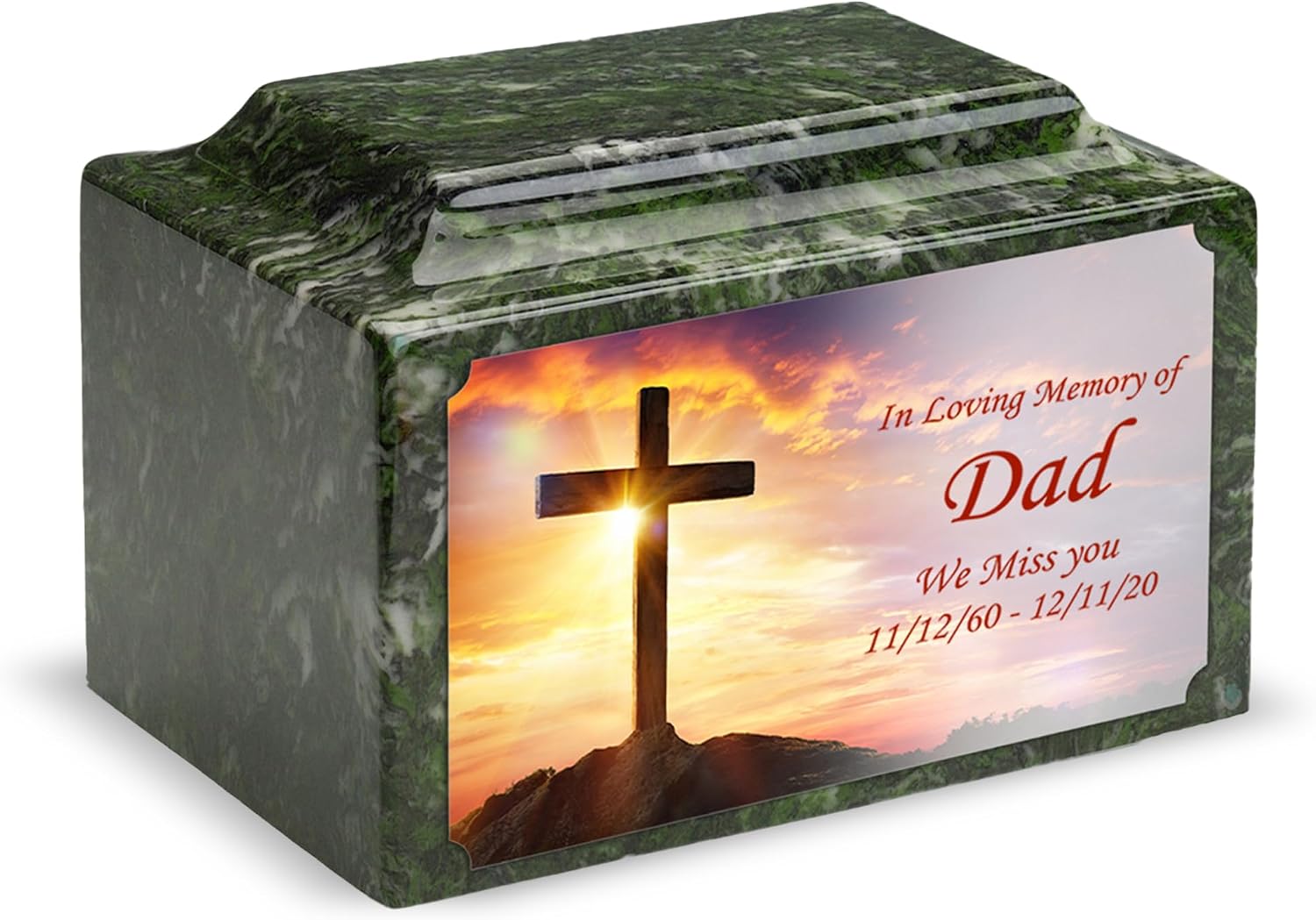 GetUrns – Legacy Cultured Marble Urn by Mackenzie, Adult Size Cremation Urns, Custom UV Printed Burial Urn for Ashes, 210 Cubic Inch Cemetery Urns for Ashes, Cross, Verde