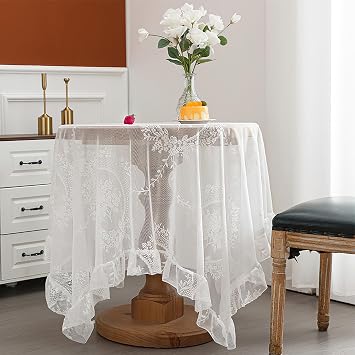 White Lace Square Tablecloth with Flowers, Chic Elegant Overlay Ruffles Table Cloth, French Vintage Embroidered Table Cover Table Protector for Wedding Party Banquet, 55x55inch