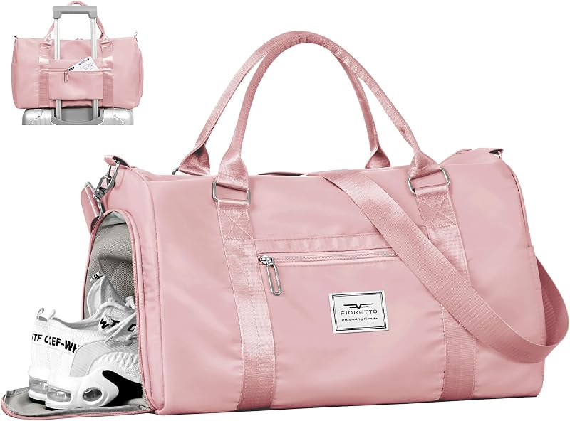 FIORETTO Bolsa de Deporte para Mujer con Bolsillo Mojado y Compartimento para Zapatos, Bolsa de Deporte para Noche, Fin de Semana, Hospital, Entrenamiento, Bolsa de Transporte para niñas, Ideal para Viajar, Nadar, Danza, Ballet Rosa