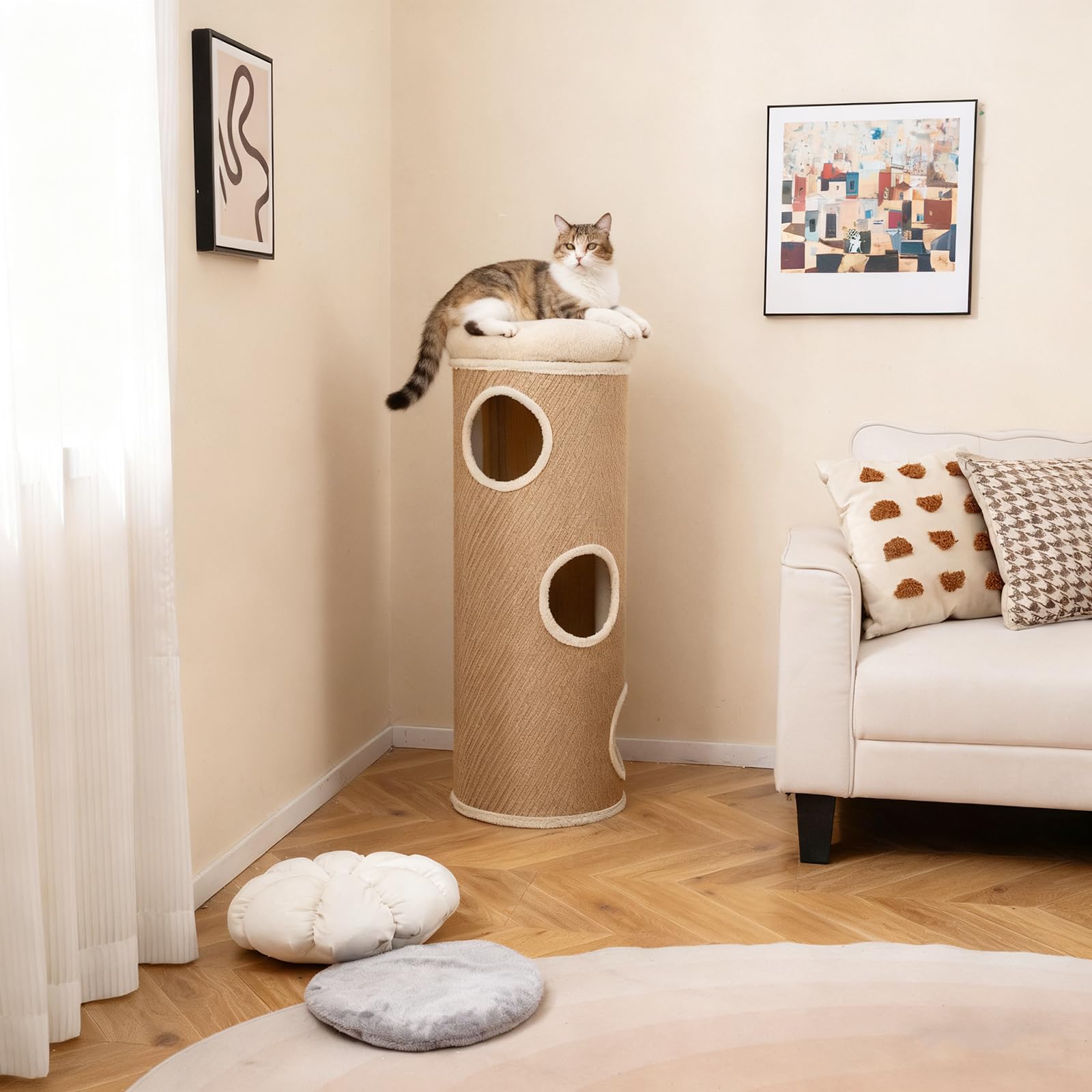 SOARS Kratztonne für Katzen XXL, 113 cm Katzentonne mit 3 Höhlen und abnehmbarem Plüschbett, Kratzbaum, Katzenturm, Ø 39 cm