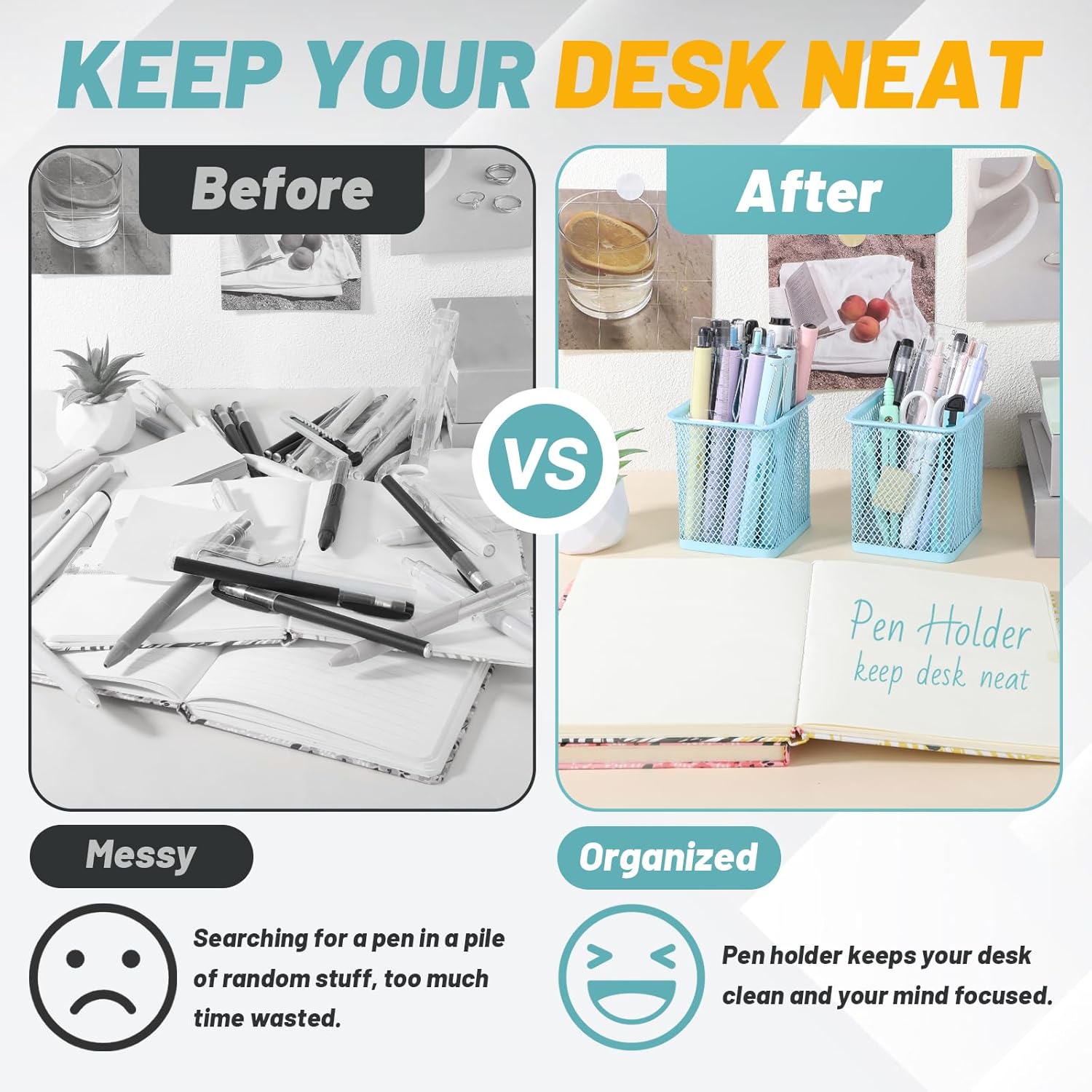 Segarty Pencil Holder, 12 Pack Square Light Blue Pen Holder for Desk, Mesh Pencils Cup Container Marker Organizer Set for Office Supply, School Classroom, Home Desktop Storage and Organization