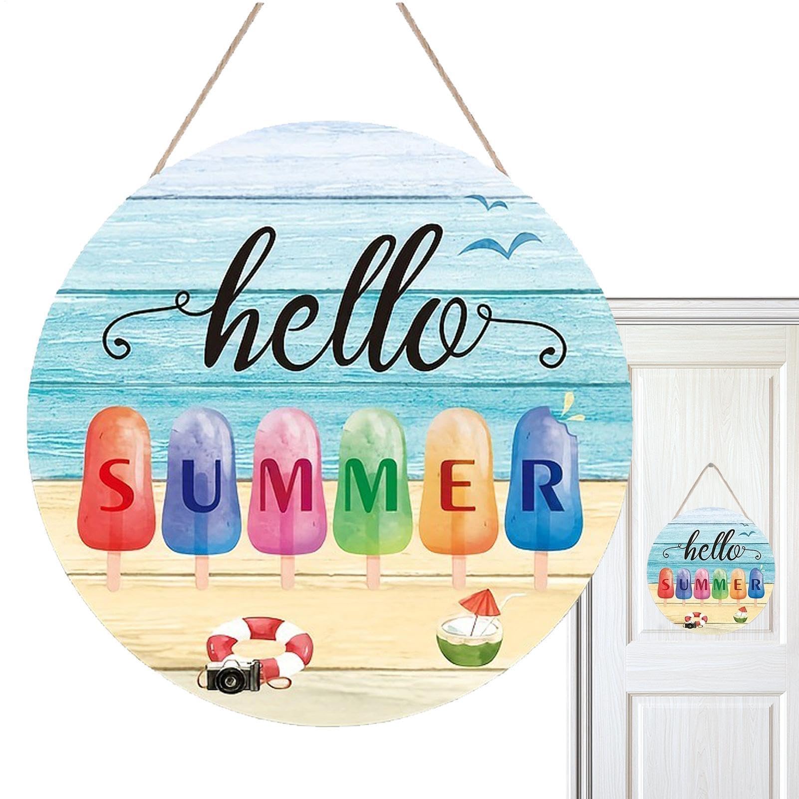 Sommer-Türhänger – Holzleinen, 30 x 30 cm, Hello Summer Schild, Summerz Wood Willkommens-Türschild, rustikale Sommertür-Dekorationen, Sommerhaus-Dekoration für Wand, Fenster