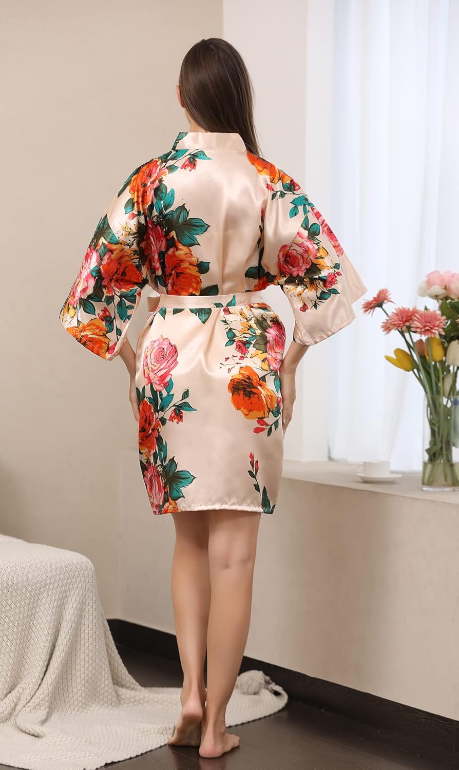QXQTER Peony Floral Silky Satin Robe Wedding Bridal Party Bride Bridesmaid Robes for Women Dressing Gown Kimono Robe - Image 3