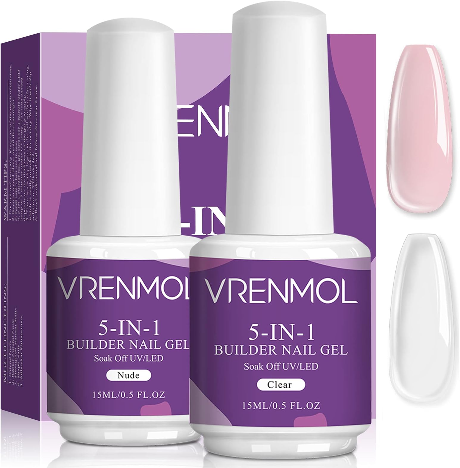 Vrenmol 5 in 1 Builder Base Nail Gel in a Bottle - 15ml Clear & Nudes Brush On Builder Nail Gel Set Nail Extension Gel for Professional Nail Strengthener Nails Repair Nails Extension