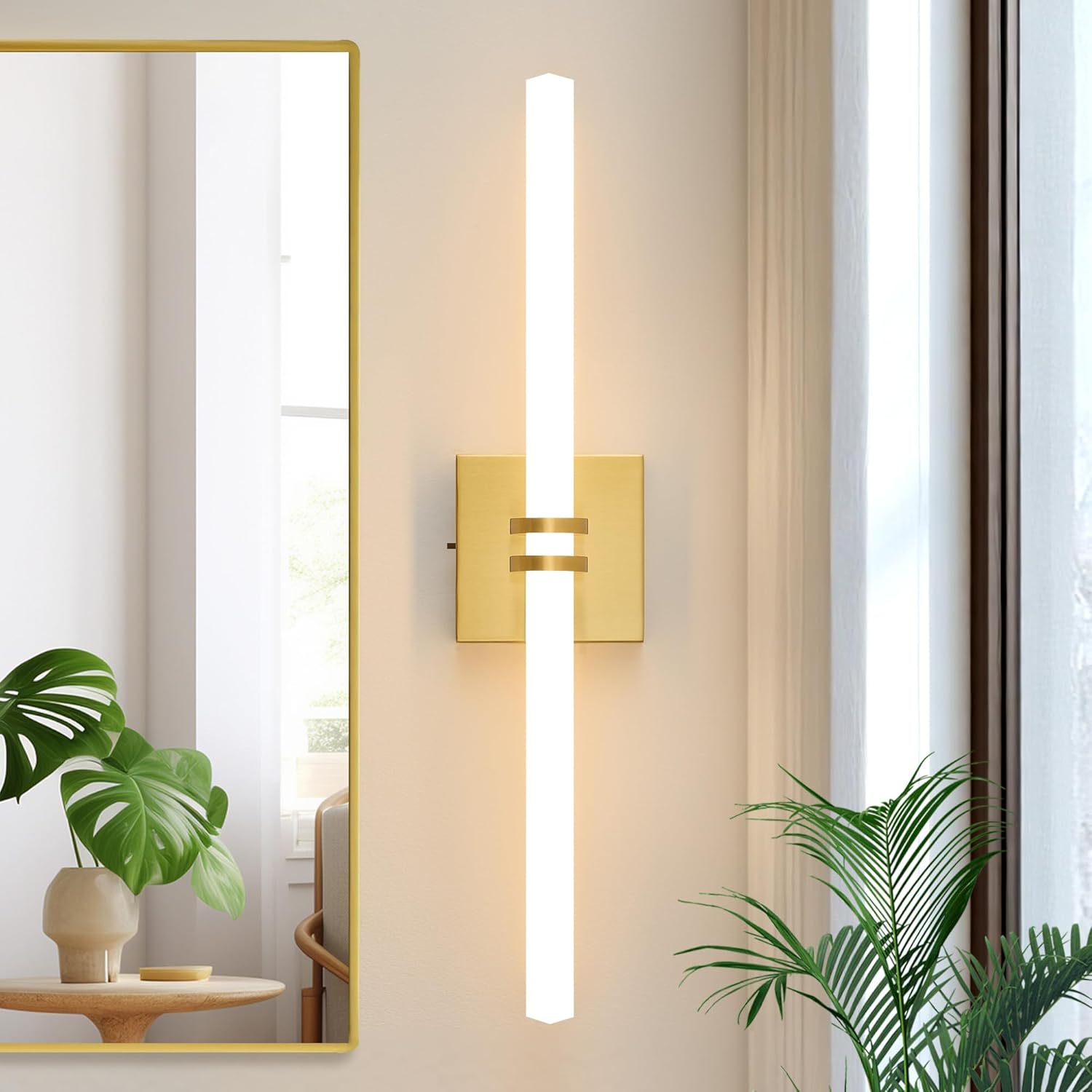 Bathroom Light Fixtures,Gold 18W LED 360° Full Lighting Modern Wall Sconce Vanity Ligh with 5-Color Dimmable 3000K-6000K, 22.05inch Vanity Lighting for Bath, Powder Room, Bedroom, Hallway