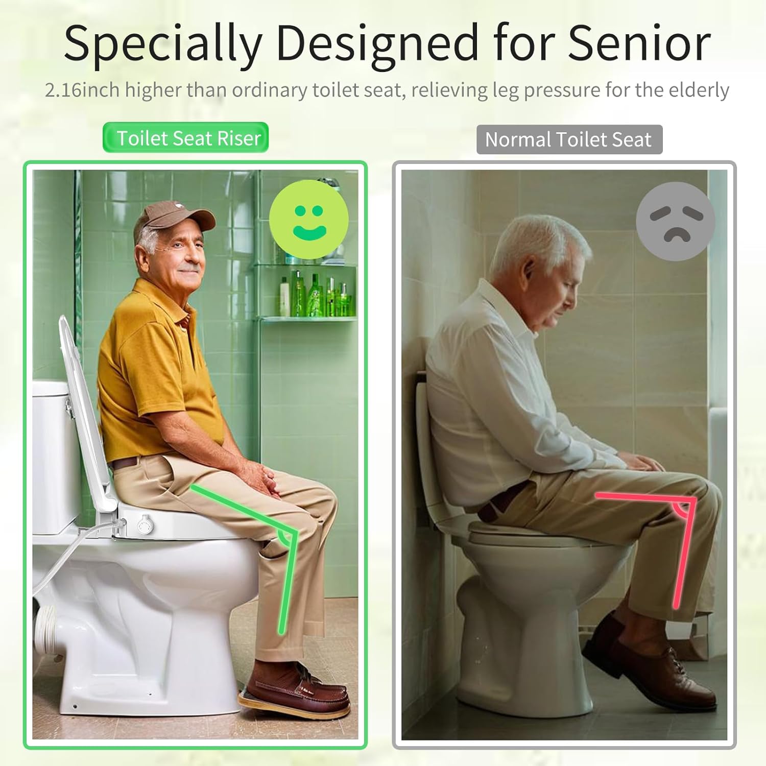 Raised Toilet Seat Bidet 2.91in, Elongated Bidet Toilet Seat, 3 Wash Mode, Soft Close & Quick Release, no Electric, Adjustable Anti-Slip Pad, Home/Commercial Use for Senior, 18.5inch, White