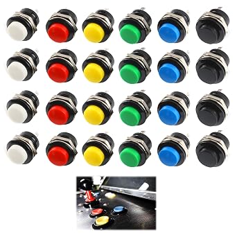Mini Momentary Push Button Switches, 24 PCS Round Push Buttons 16mm, Self-Resetting Mini Push Buttons, Red, Green, Yellow, Blue, White, Black, 3a 250v Ac, 2-Pole For Automotive, Gaming And Industr