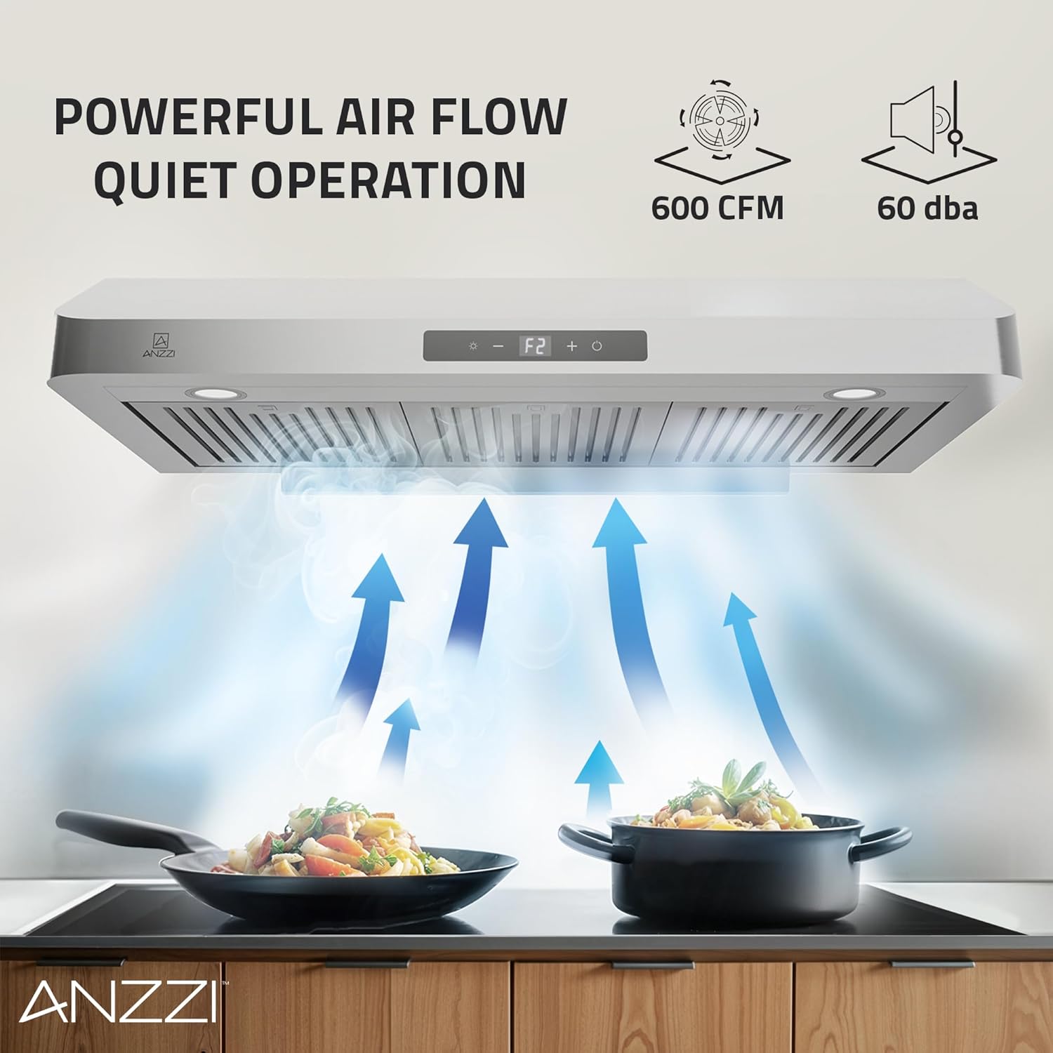 ANZZI Under Cabinet Range Hood 600 CFM, Ducted Kitchen over Stove Vent, Washable Baffle Filter, LED Lights & Stainless Steel (36 Inch)