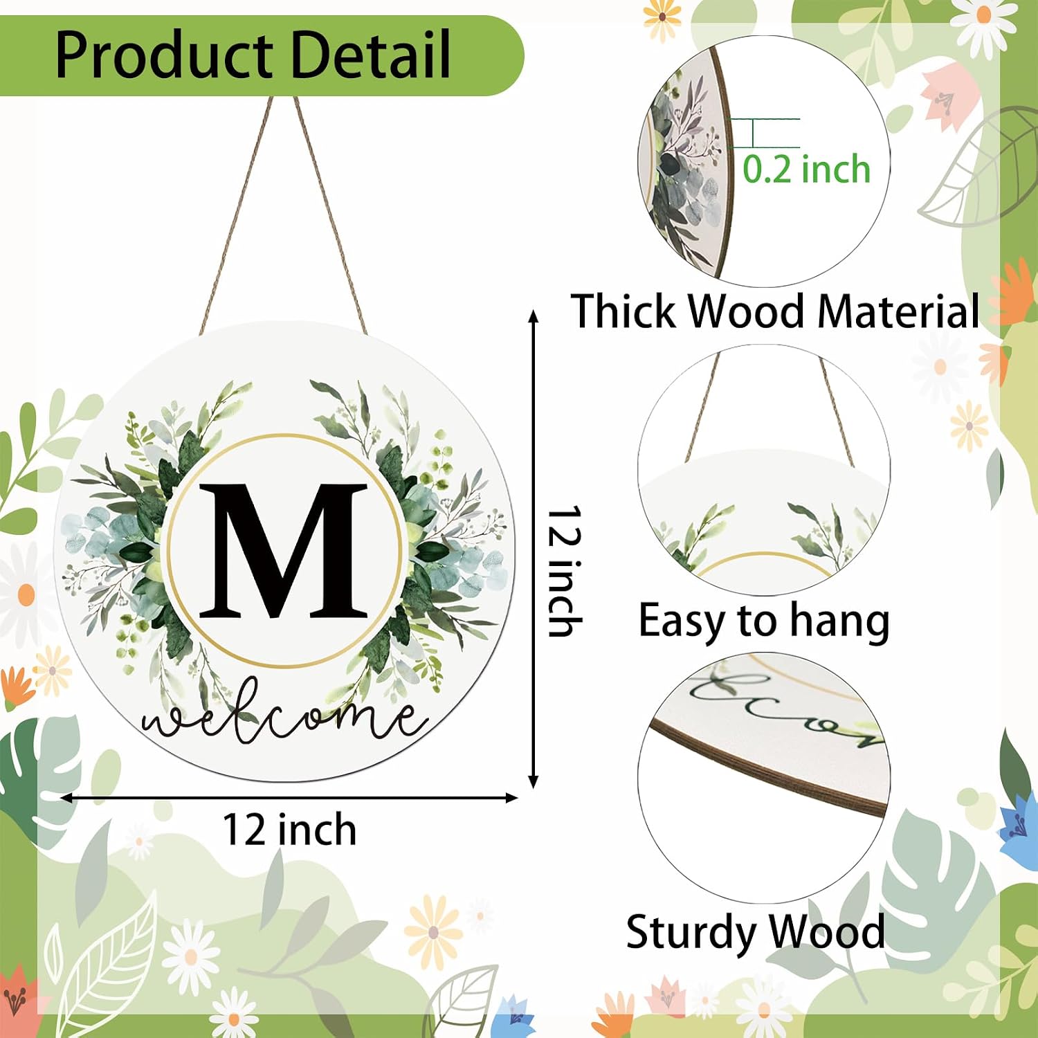 Monogram Letter M House Warming Gifts New Home Wreaths for Front Door Decor Wooden Welcome Sign Floral Family Last Name Initial Spring Summer Porch Rustic Wall Home Kitchen Boho Decorations