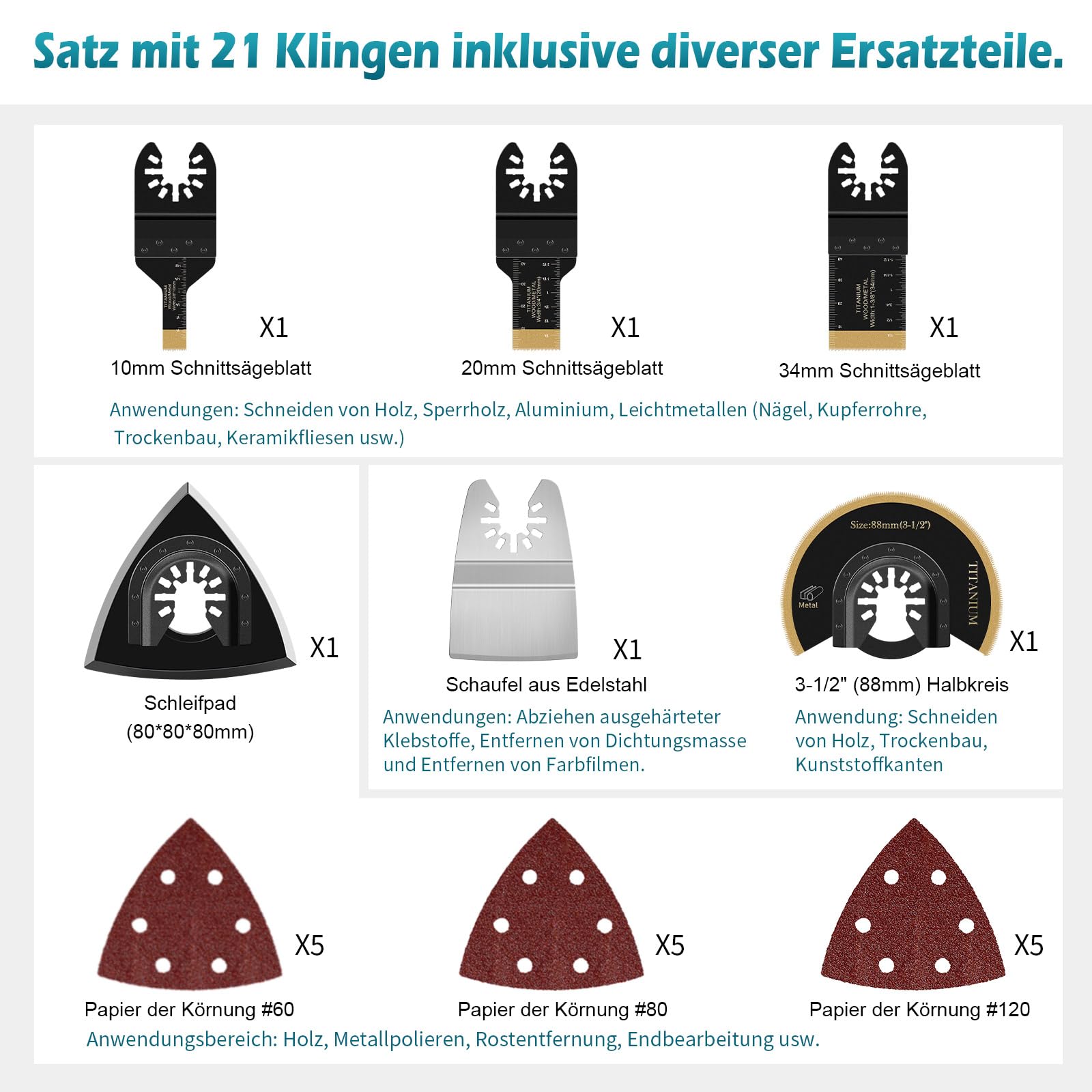 Akku-Multifunktionswerkzeug mit 6 Titan Sägeblätter + 15 Sandpapier, Kabelloses Oszillierendes Werkzeug-Set für Makita 18V, Multitool Bürstenlos zum Schaben Schneiden Schleifen (ohne Akku)