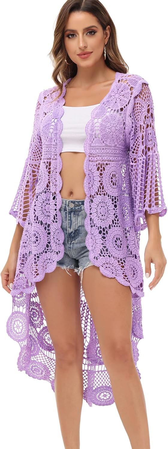 Anna-Kaci Women's Crochet Long Vest Boho Short Sleeve Kimono Cardigan Swimwear Cover up