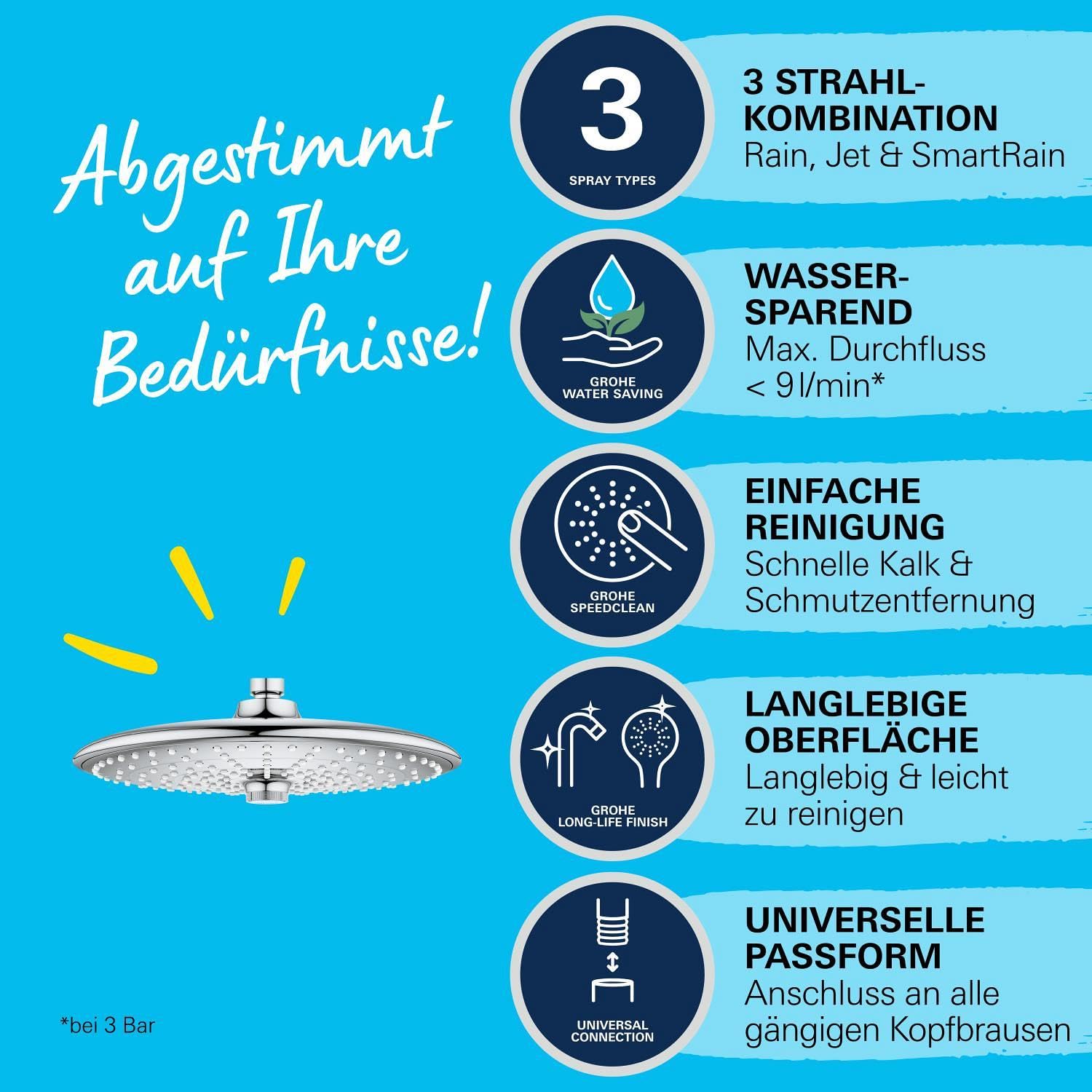GROHE Vitalio Joy 260, Kopfbrause (wassersparende Regendusche mit 3 Strahlarten, Duschkopf mit Antikalk System), chrom, 26462000